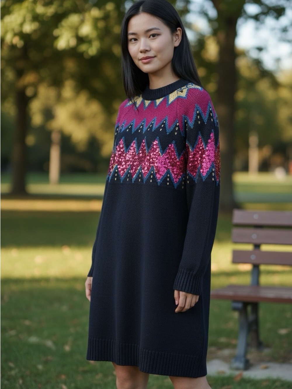🫶🏻 Solutions Navy Knit Sweater Dress with Pink Chevron Sequin Yoke